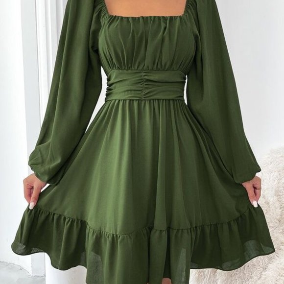 Knot Back Lantern Sleeve Ruffle Hem Dress - Picture 3 of 5